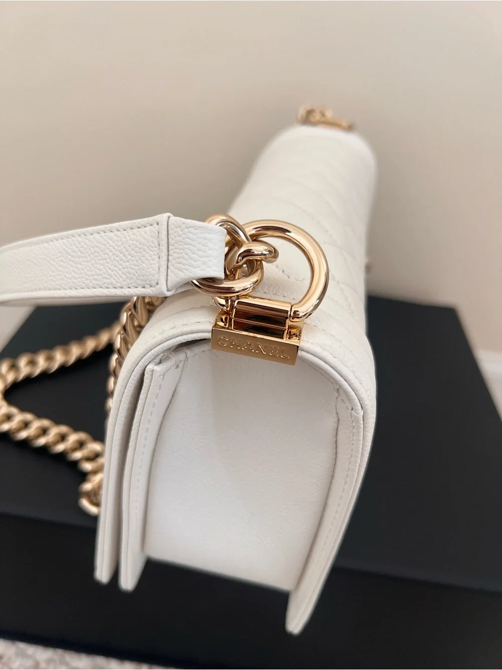 Chanel Caviar White Medium Boy Bag with Champagne Gold Hardware